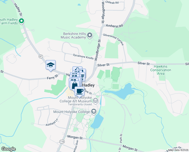 map of restaurants, bars, coffee shops, grocery stores, and more near 19 Woodbridge Street in South Hadley