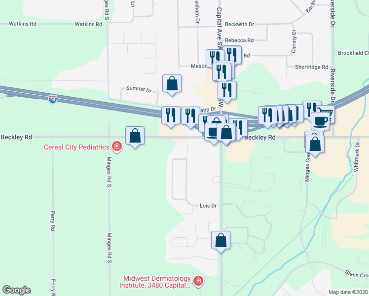 map of restaurants, bars, coffee shops, grocery stores, and more near 4774 Beckley Road in Battle Creek