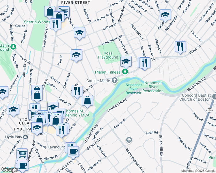 map of restaurants, bars, coffee shops, grocery stores, and more near 968 River Street in Boston