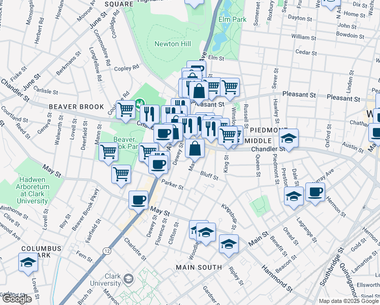 map of restaurants, bars, coffee shops, grocery stores, and more near 12 Winfield Street in Worcester