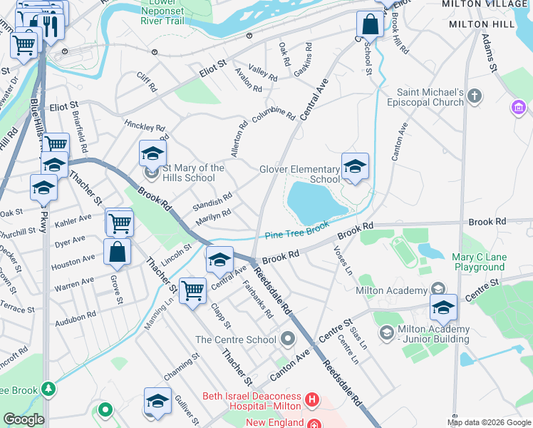 map of restaurants, bars, coffee shops, grocery stores, and more near 322 Central Avenue in Milton
