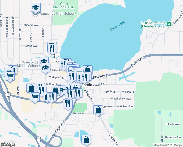 map of restaurants, bars, coffee shops, grocery stores, and more near 227 East Liberty Street in Wauconda