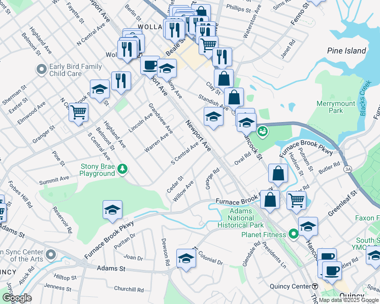 map of restaurants, bars, coffee shops, grocery stores, and more near 28 South Central Avenue in Quincy
