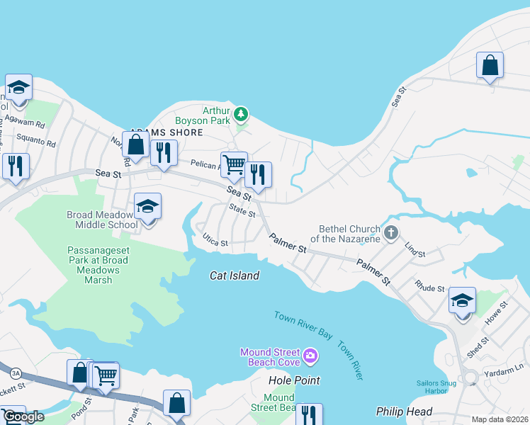 map of restaurants, bars, coffee shops, grocery stores, and more near in Quincy