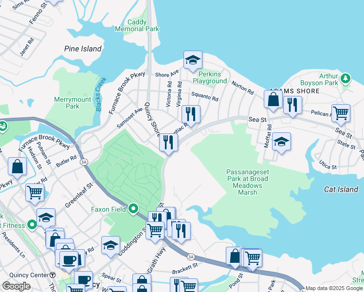 map of restaurants, bars, coffee shops, grocery stores, and more near 175 Sea Street in Quincy