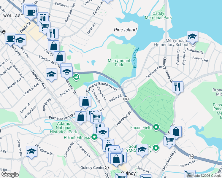 map of restaurants, bars, coffee shops, grocery stores, and more near 264 Furnace Brook Parkway in Quincy