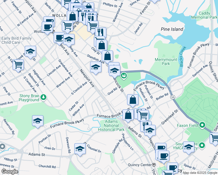 map of restaurants, bars, coffee shops, grocery stores, and more near 1 Saint Anns Road in Quincy