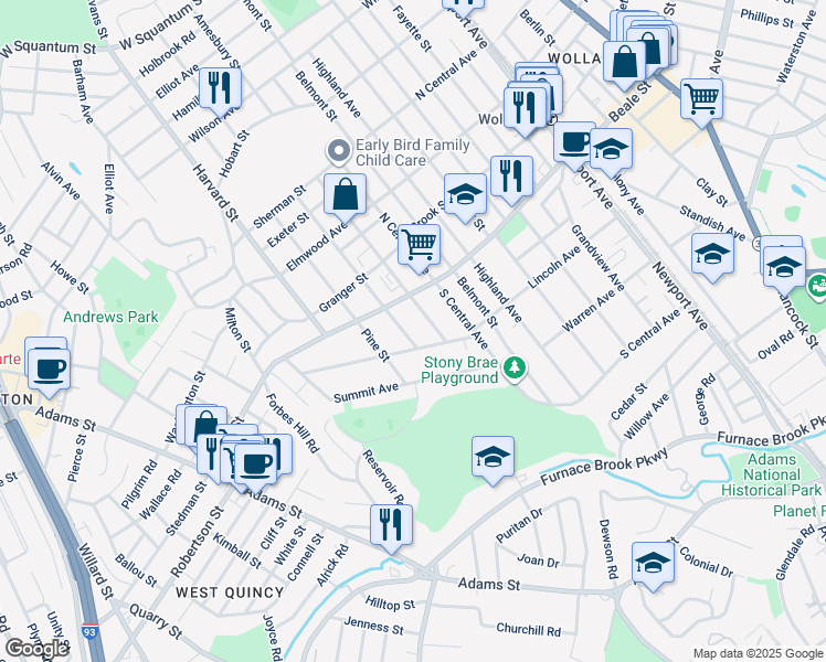 map of restaurants, bars, coffee shops, grocery stores, and more near 234 Everett Street in Quincy
