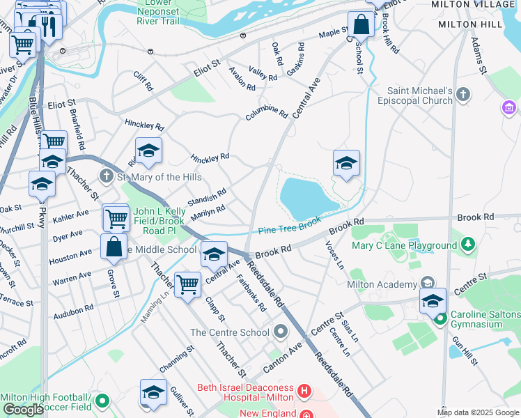 map of restaurants, bars, coffee shops, grocery stores, and more near 322 Central Avenue in Milton