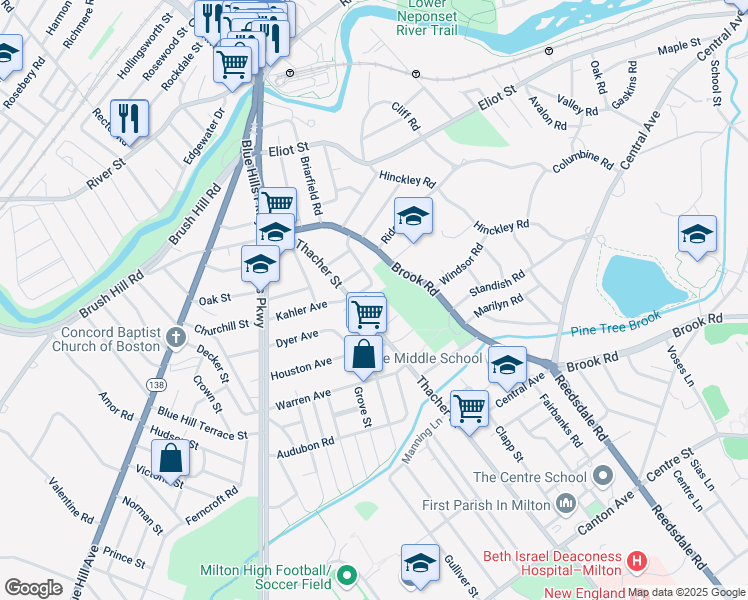 map of restaurants, bars, coffee shops, grocery stores, and more near 17 Crane Road in Milton