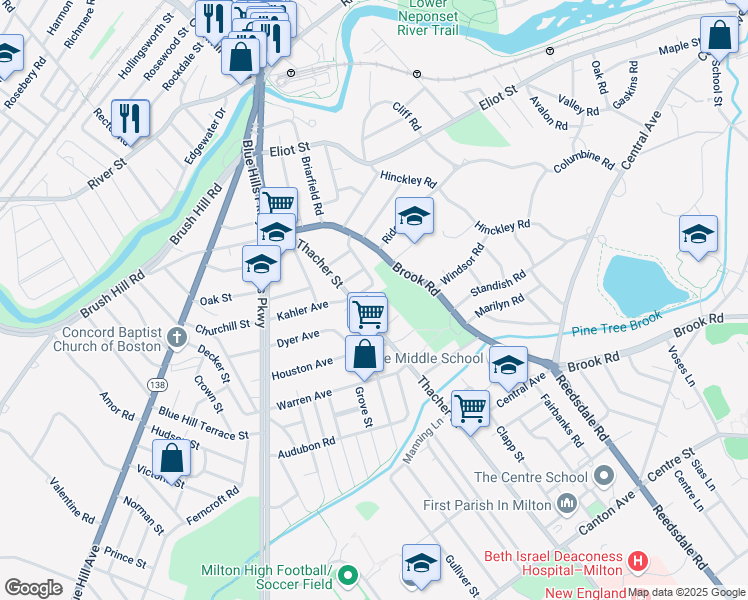 map of restaurants, bars, coffee shops, grocery stores, and more near 17 Crane Road in Milton
