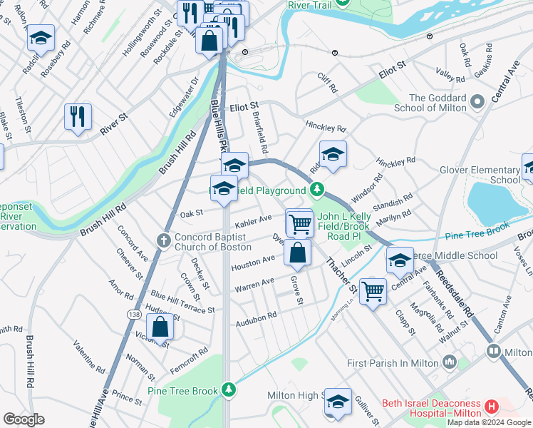map of restaurants, bars, coffee shops, grocery stores, and more near 63 Thacher Street in Milton