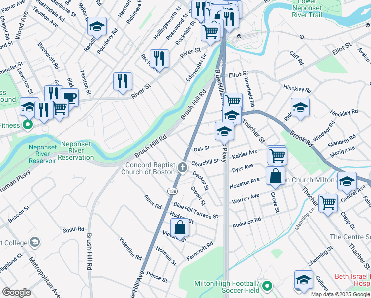 map of restaurants, bars, coffee shops, grocery stores, and more near 20 Oak Street in Milton