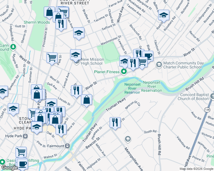 map of restaurants, bars, coffee shops, grocery stores, and more near 968 River Street in Boston