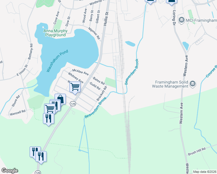 map of restaurants, bars, coffee shops, grocery stores, and more near 40 Bates Road in Framingham