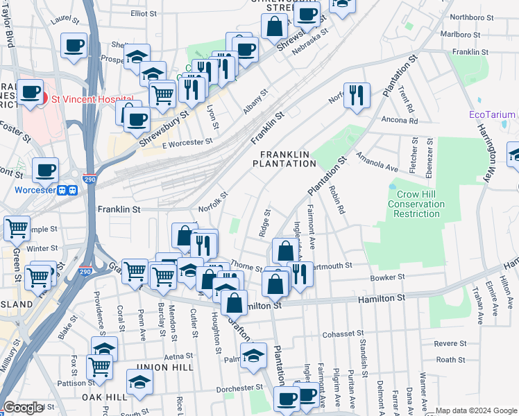 map of restaurants, bars, coffee shops, grocery stores, and more near 76 Orient Street in Worcester