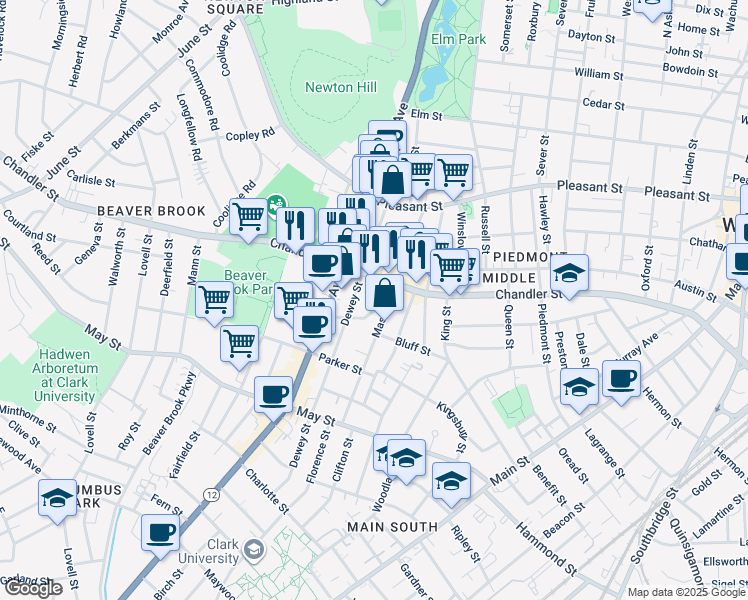 map of restaurants, bars, coffee shops, grocery stores, and more near 228 Chandler Street in Worcester