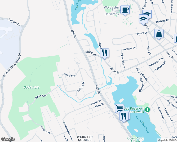 map of restaurants, bars, coffee shops, grocery stores, and more near 374 Mill Street in Worcester