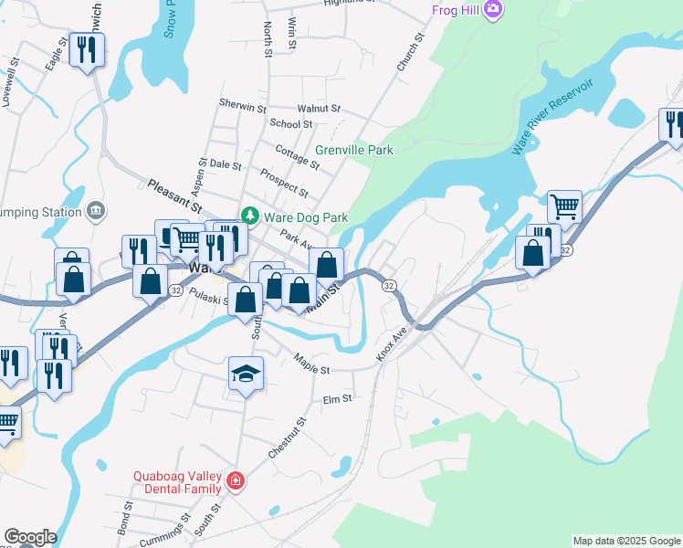 map of restaurants, bars, coffee shops, grocery stores, and more near 21 Canal Street in Ware