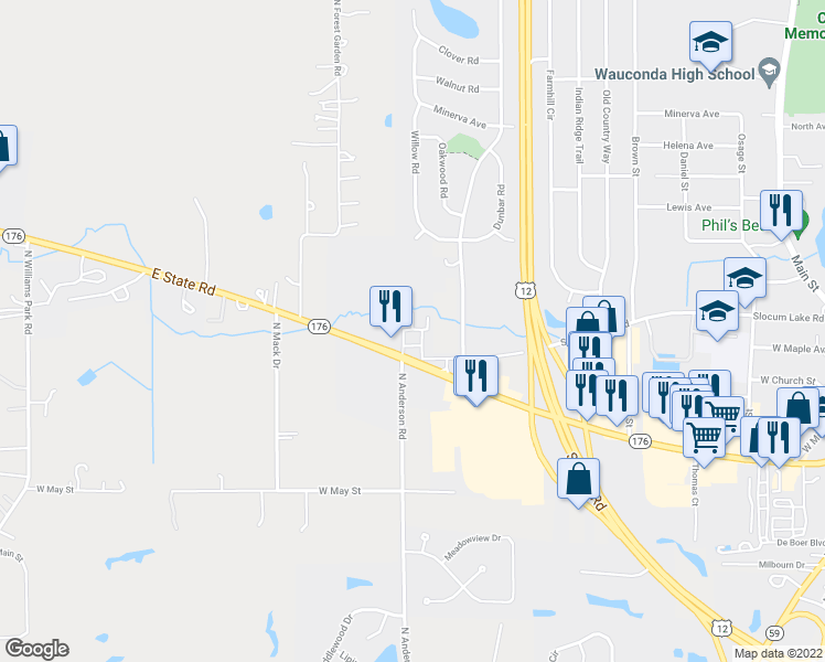 map of restaurants, bars, coffee shops, grocery stores, and more near 665 West Liberty Street in Wauconda