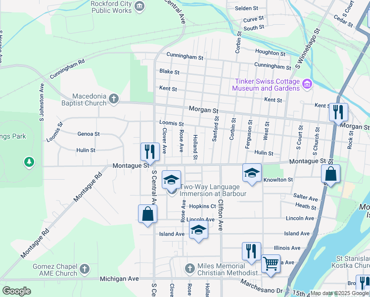 map of restaurants, bars, coffee shops, grocery stores, and more near 1228 Rose Avenue in Rockford