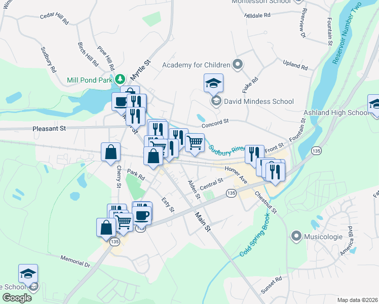 map of restaurants, bars, coffee shops, grocery stores, and more near 124 Front Street in Ashland