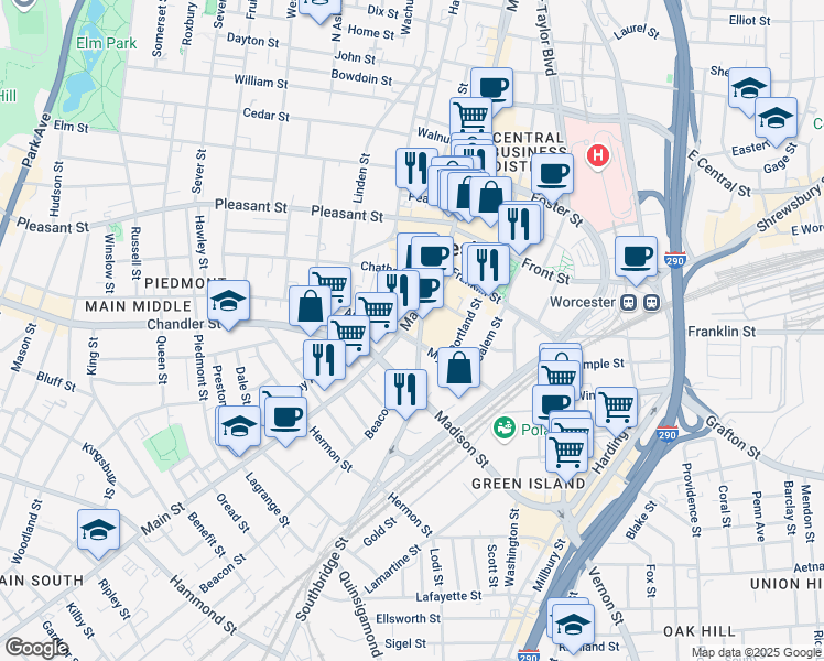 map of restaurants, bars, coffee shops, grocery stores, and more near 595 Main Street in Worcester