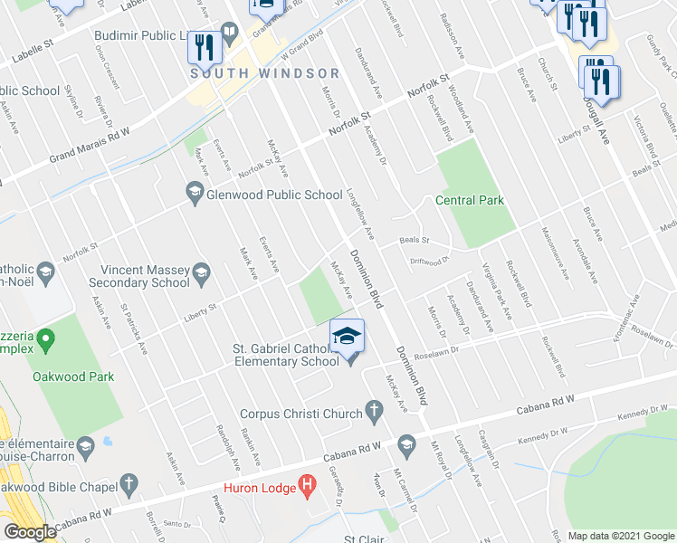 map of restaurants, bars, coffee shops, grocery stores, and more near McKay Boulevard in Windsor