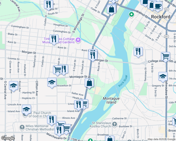 map of restaurants, bars, coffee shops, grocery stores, and more near 1213 South Main Street in Rockford