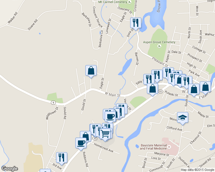 map of restaurants, bars, coffee shops, grocery stores, and more near 18 Clinton Street in Ware