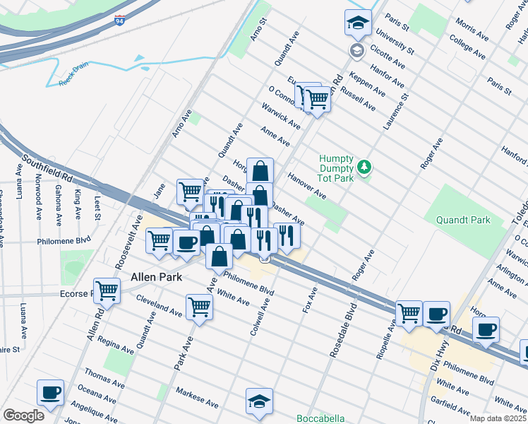 map of restaurants, bars, coffee shops, grocery stores, and more near 5810 Allen Road in Allen Park