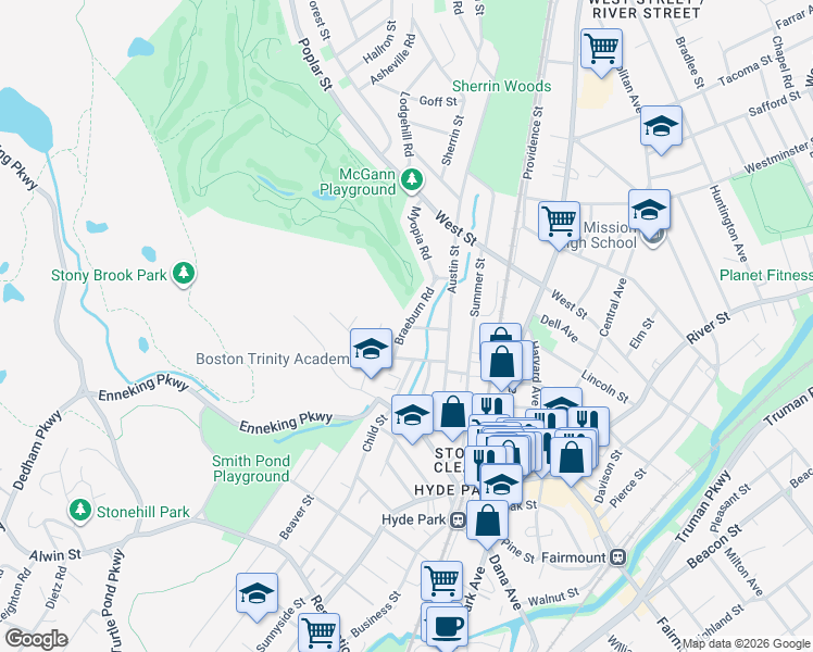 map of restaurants, bars, coffee shops, grocery stores, and more near Braeburn Road in Boston