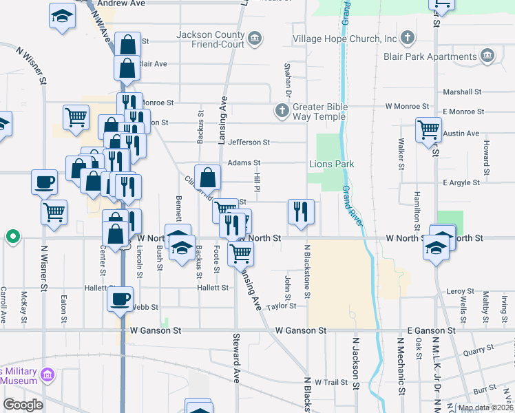 map of restaurants, bars, coffee shops, grocery stores, and more near 403 Hill Street in Jackson