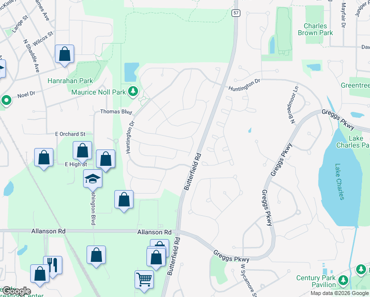 map of restaurants, bars, coffee shops, grocery stores, and more near 153 Knightsbridge Drive in Mundelein