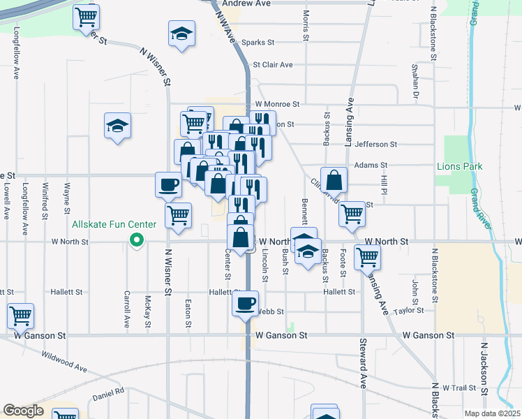 map of restaurants, bars, coffee shops, grocery stores, and more near 930 Lincoln Street in Jackson
