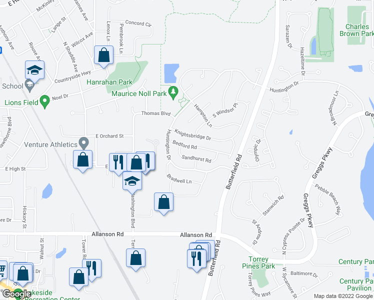 map of restaurants, bars, coffee shops, grocery stores, and more near 22 Bedford Road in Mundelein