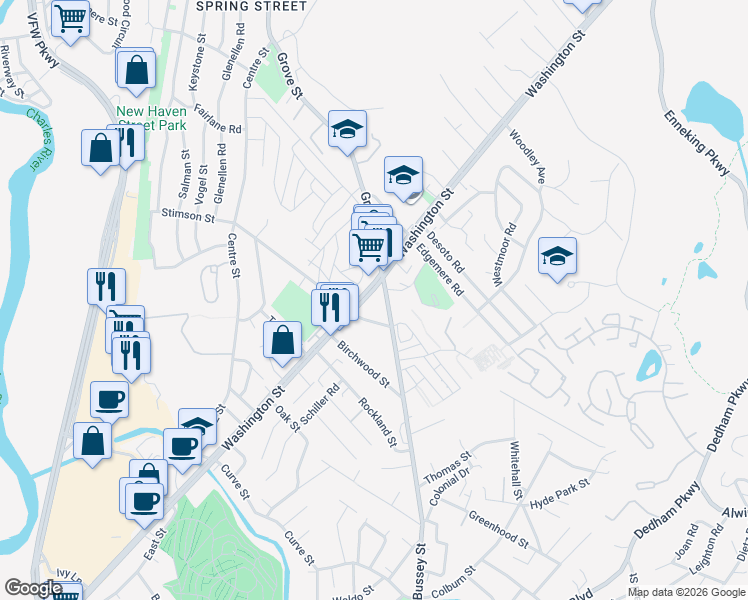 map of restaurants, bars, coffee shops, grocery stores, and more near 5220 Washington Street in Boston