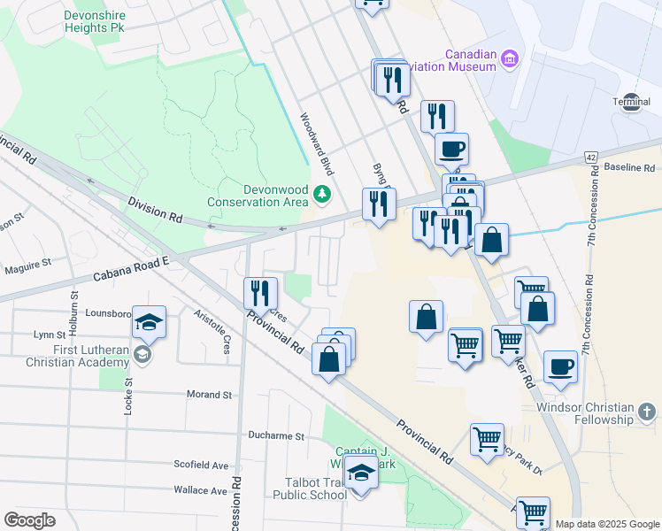 map of restaurants, bars, coffee shops, grocery stores, and more near 114 Marlin Avenue in Windsor