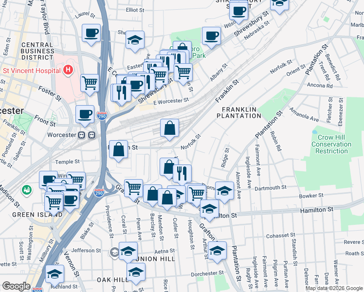 map of restaurants, bars, coffee shops, grocery stores, and more near 13 Norfolk Street in Worcester