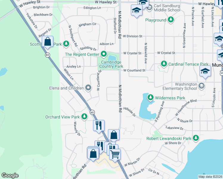 map of restaurants, bars, coffee shops, grocery stores, and more near 1128 Ashbrook Drive in Mundelein