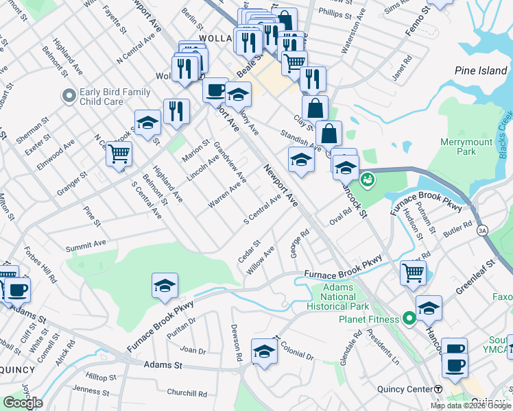 map of restaurants, bars, coffee shops, grocery stores, and more near 137 Grandview Avenue in Quincy