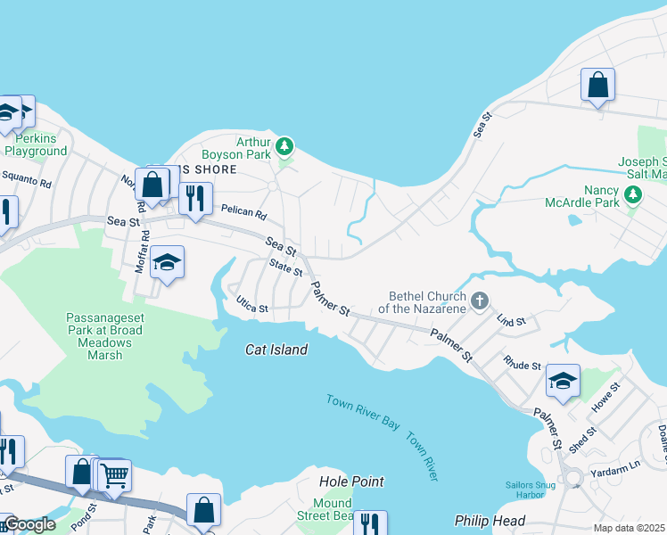 map of restaurants, bars, coffee shops, grocery stores, and more near 558 Sea Street in Quincy