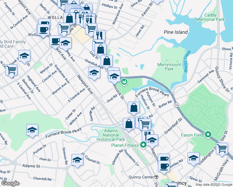 map of restaurants, bars, coffee shops, grocery stores, and more near 1 Saint Anns Road in Quincy