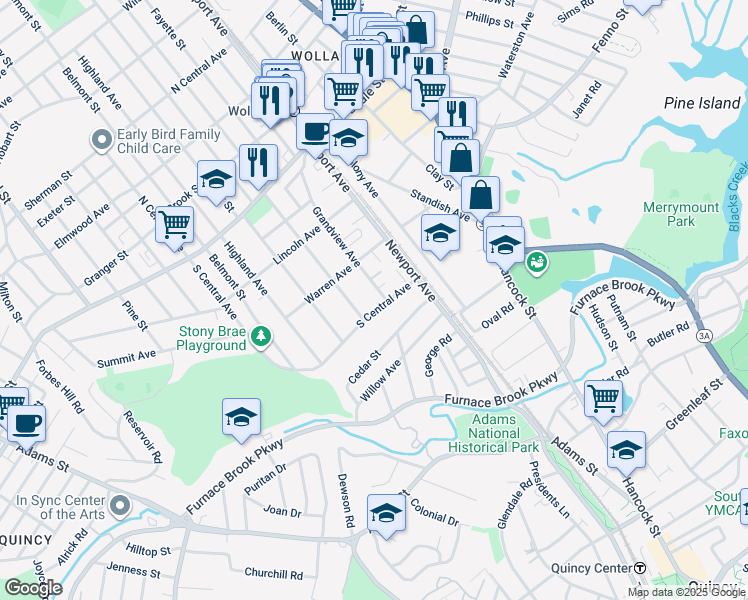 map of restaurants, bars, coffee shops, grocery stores, and more near 137 Grandview Avenue in Quincy