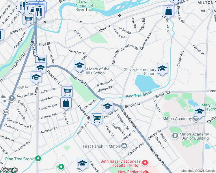 map of restaurants, bars, coffee shops, grocery stores, and more near 37 Longwood Road in Milton