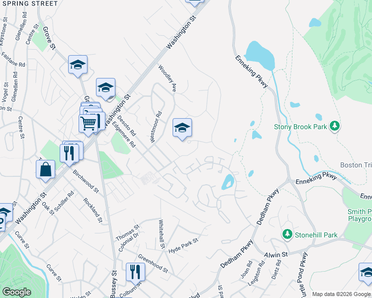 map of restaurants, bars, coffee shops, grocery stores, and more near 175 West Boundary Road in Boston