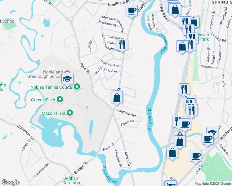 map of restaurants, bars, coffee shops, grocery stores, and more near 5 Wiggin Avenue in Dedham