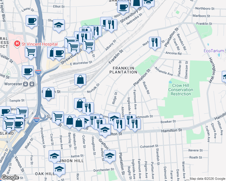 map of restaurants, bars, coffee shops, grocery stores, and more near 76 Orient Street in Worcester