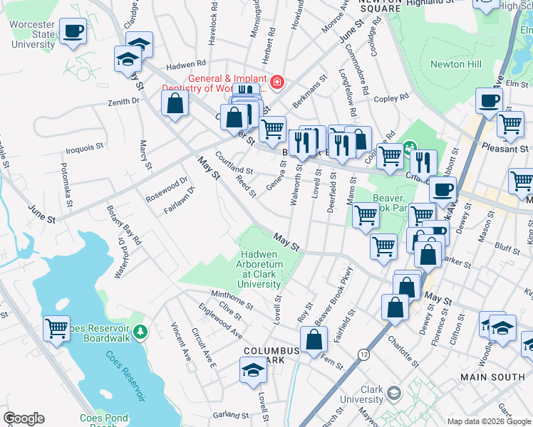 map of restaurants, bars, coffee shops, grocery stores, and more near 53 Reed Street in Worcester