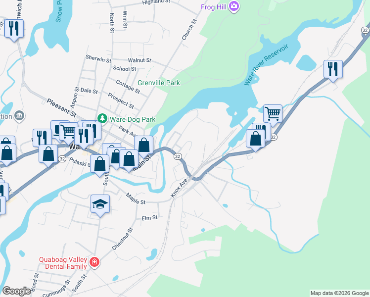 map of restaurants, bars, coffee shops, grocery stores, and more near 11 Pine Street in Ware